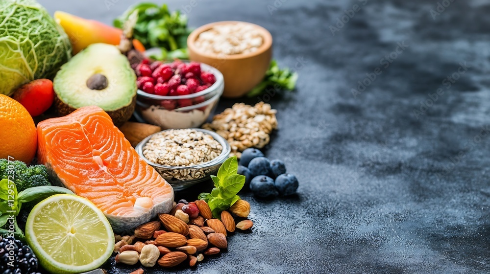 Poster healthy array of colorful fruits vegetables and nuts arranged aesthetically on a textured surface : 