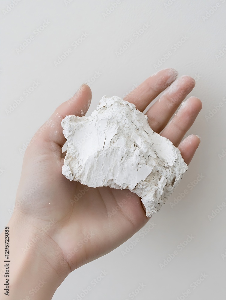Poster hand holding a chunk of white chalk against a plain background showcasing natural texture : generati
