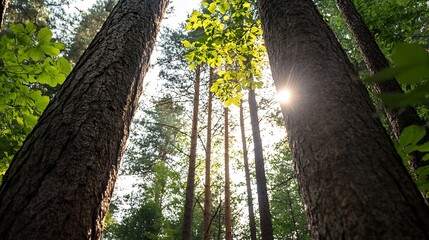 Fototapeta premium Sunlight streaming through tall trees in a lush green forest creating a serene natural atmosphere : Generative AI