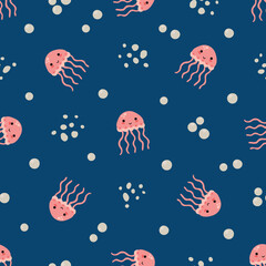 Marine Seamless pattern with cute jellyfish. Design for fabric, textiles, wallpaper, packaging.
