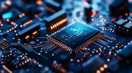 High tech microchip on a circuit board glowing in blue and amber : Generative AI