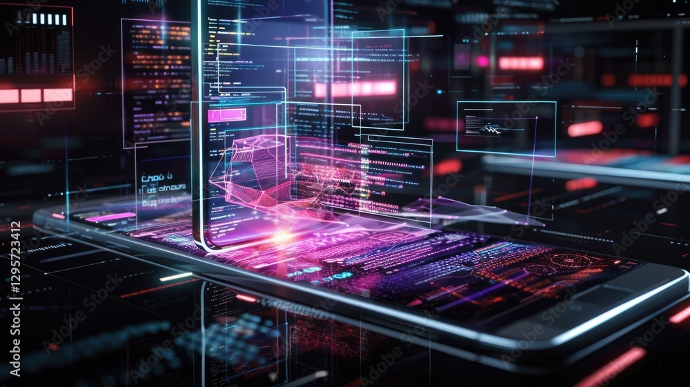 Poster smartphone displaying futuristic user interface with holographic elements. data analysis popping up 