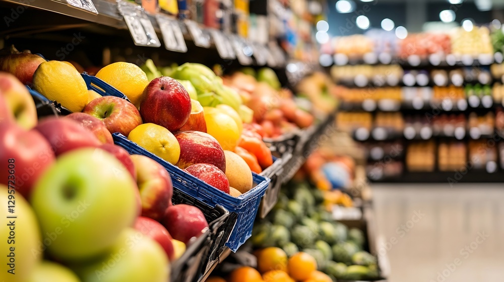 Poster Fresh colorful fruits in a grocery store display with vibrant apples and lemons : Generative AI