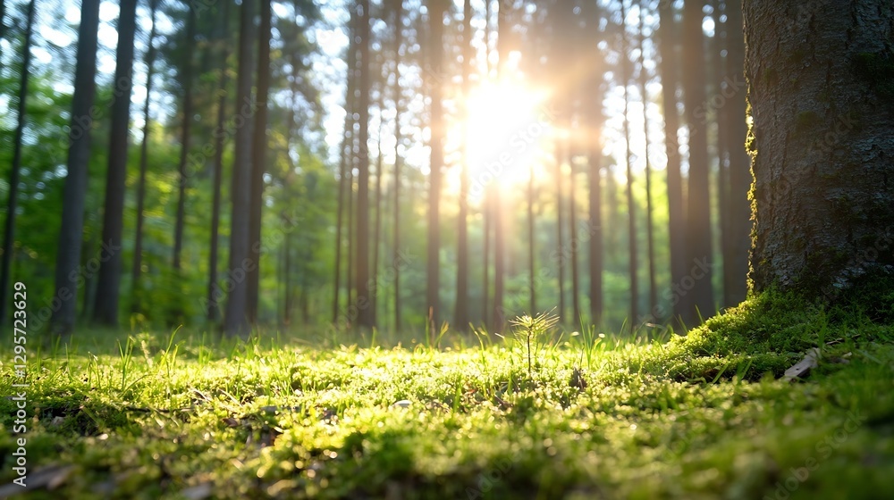 Poster a scenic view of sunlight streaming through a dense forest highlighting vibrant greenery and nature'