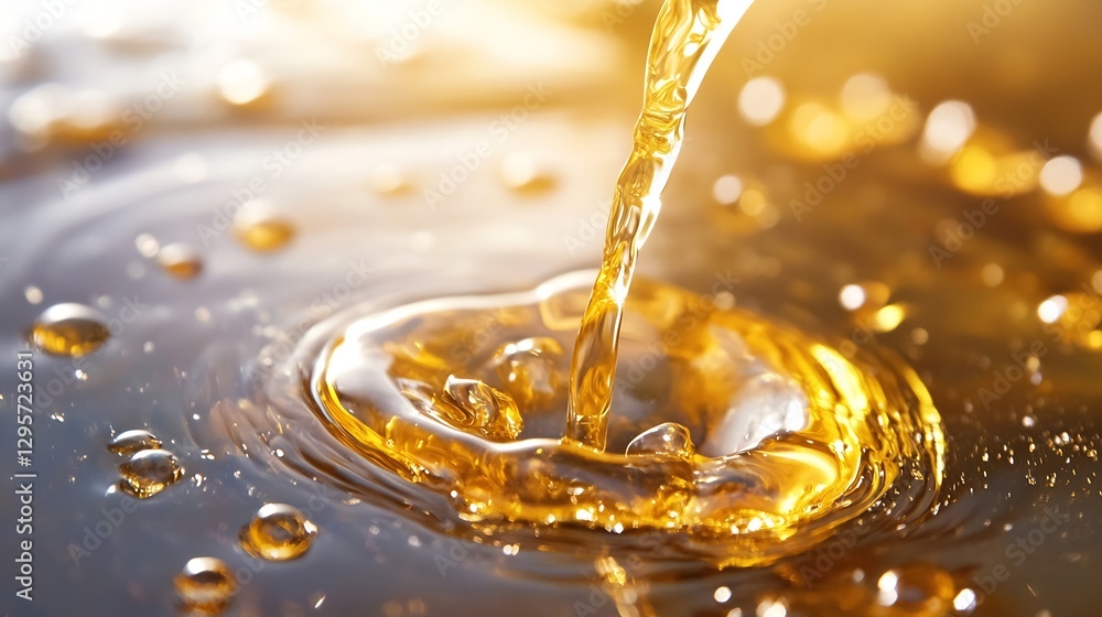 Poster closeup shot of golden liquid gently pouring into water creating beautiful ripples and reflections :