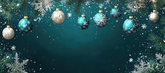 Fototapeta premium Minimalistic Turquoise Christmas Banner with Ornaments