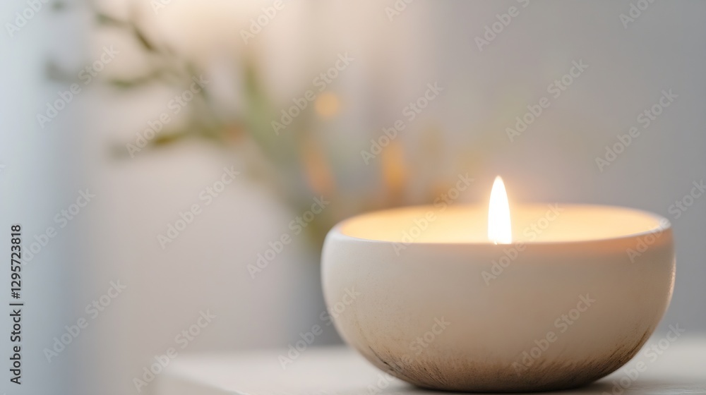 Aufkleber soothing candle flickering gently in a minimalist bowl setting for relaxation : generative ai