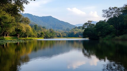 Serene Landscape Reflection Over Lake Surrounded By Lush Green Forest Mountains Under Clear Blue Sky : Generative AI