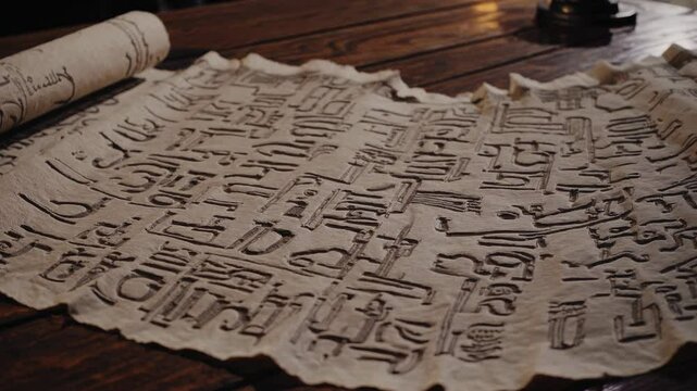 A beautifully preserved scroll lies unrolled beside an ancient manuscript filled with intricate hieroglyphics. The wooden table sets a warm, inviting atmosphere in this historical setting.