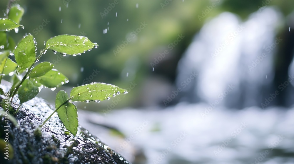 Poster closeup of green leaves with raindrops beside a gentle flowing waterfall creating a soothing nature 