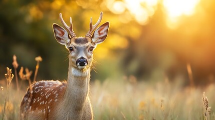 Beautiful Deer in Golden Hour Light Among Tall Grass Surrounded by Nature : Generative AI