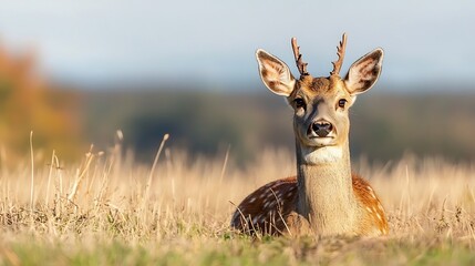 CloseUp of Majestic Deer Gazing Calmly in Autumn Meadow Under Soft Natural Light : Generative AI