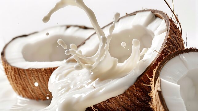 A creamy splash of coconut milk, beautifully suspended against a clean white background.