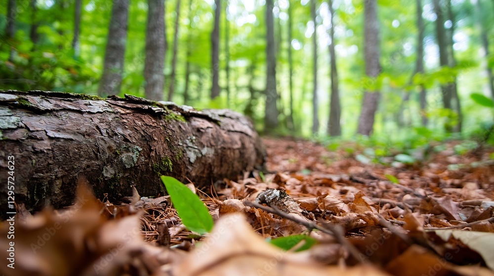 Poster Natural forest environment featuring a fallen log surrounded by colorful autumn leaves : Generative AI