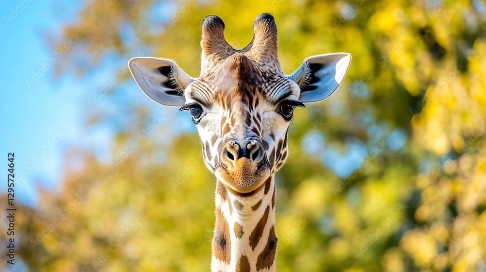 Poster a charming giraffe smiling brightly against a vibrant blurred background in enchanting natural light