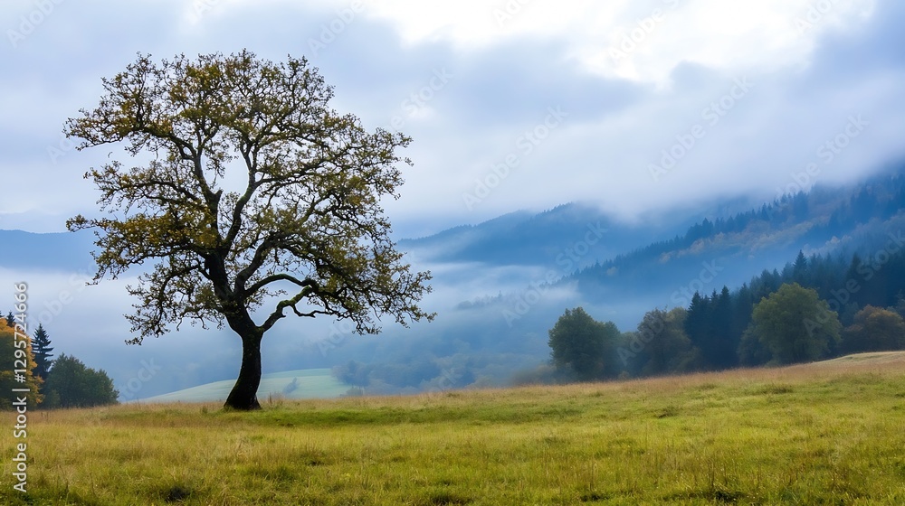 Poster lonely tree standing in serene green field near mountains under cloudy sky : generative ai