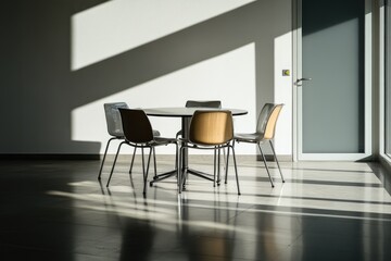 Empty Modern Dining Table in Sunlit Office Space