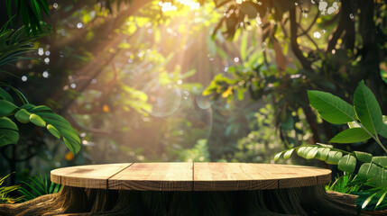 Fototapeta premium Podium background 3d soft sunlight streams through lush green trees, illuminating a wooden podium. The tranquil forest creates a peaceful atmosphere, highlighting nature's beauty