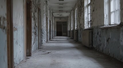 Obraz premium Abandoned hallway with peeling walls and faded windows creating a haunting setting : Generative AI