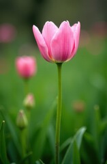 Obraz premium Pink tulip blooming in green field: springtime beauty