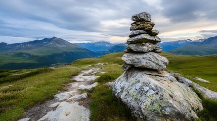 Majestic stone cairn on mountain trail with stunning valley view during sunset : Generative AI