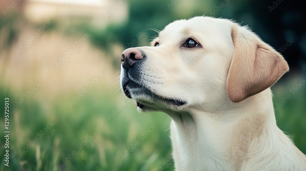 Aufkleber close up shot of a labrador retriever dog looking thoughtfully in a grassy field : generative ai