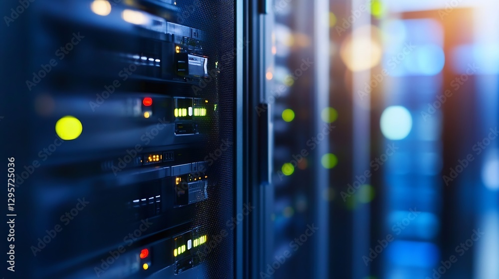 Aufkleber Hightech server room with illuminated servers and data storage equipment showcasing modern technology in a digital environment : Generative AI
