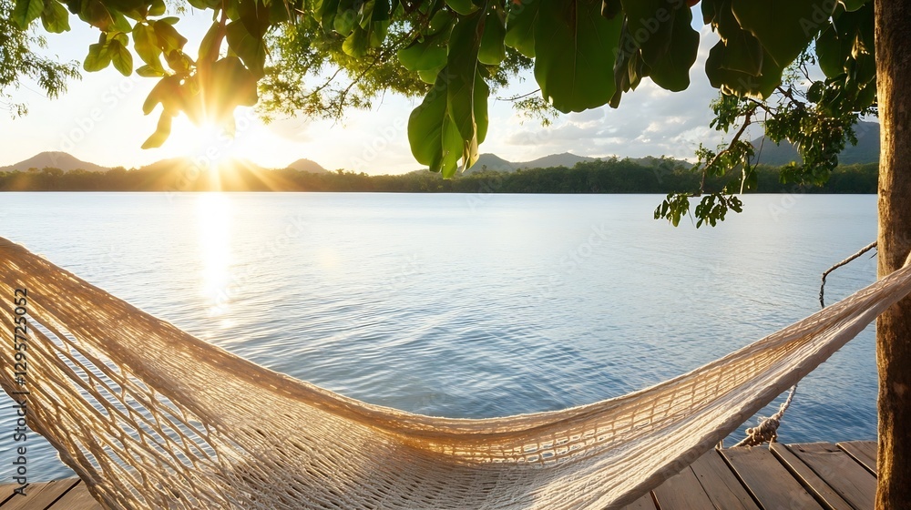 Aufkleber relaxing view of a hammock by the water with sunlight and nature : generative ai