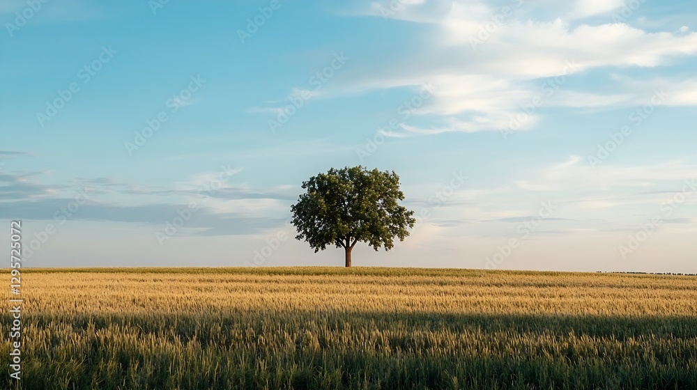 Poster solitary tree standing majestically in a vast golden field during sunset creating a dramatic landsca