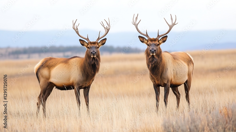 Poster two majestic elk stands proudly in a golden field with antlers displayed : generative ai
