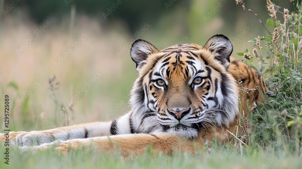 Aufkleber Majestic close up of a tiger resting in a green meadow displaying striking patterns and intense gaze : Generative AI