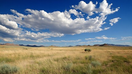 Obraz premium Vast Open Field Under Bright Blue Skies with Soft White Clouds in a Rural Landscape : Generative AI