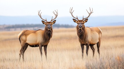 Fototapeta premium Two Majestic Elk Stands Proudly in a Golden Field with Antlers Displayed : Generative AI