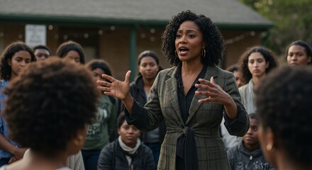 Obraz premium Confident Black Female CEO Leading a Team Meeting in a Modern Office