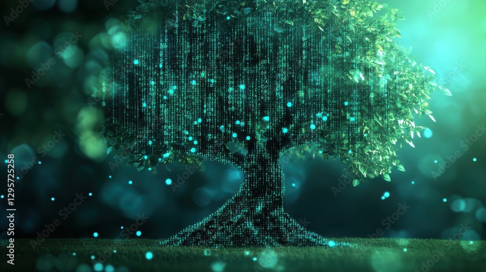 Aufkleber digital tree with binary code elements and glowing particles representing technology and nature fusi