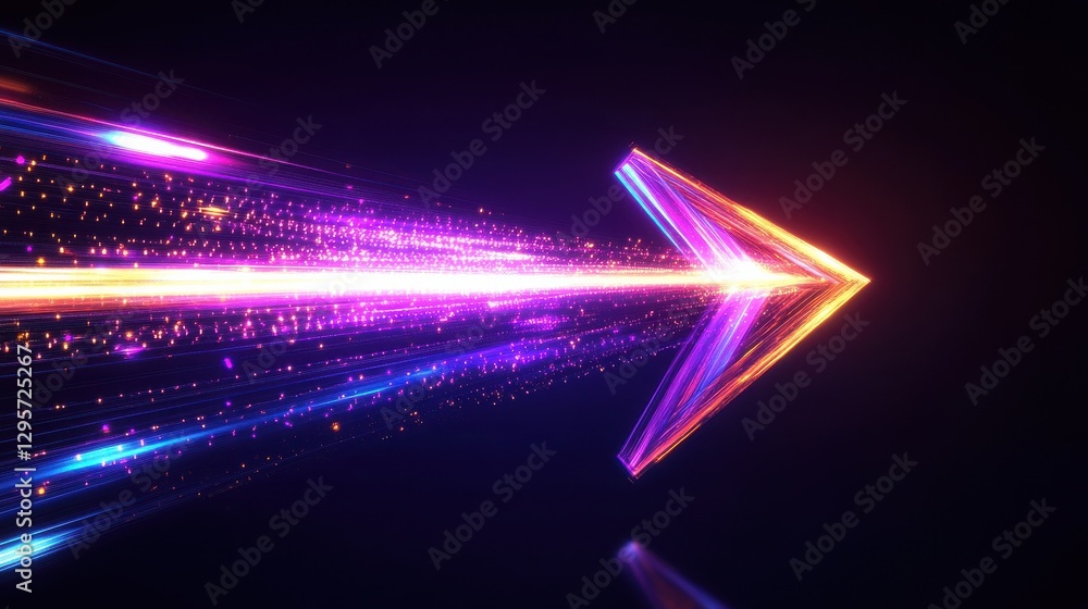 Poster colorful arrow made of glowing light beams, pointing right at the center on a black background he ar