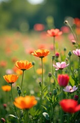 Fototapeta premium Colorful cosmos flowers blooming in summer meadow