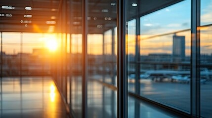 Fototapeta premium Modern Airport Interior Showcasing Beautiful Sunset Reflections on Glass : Generative AI