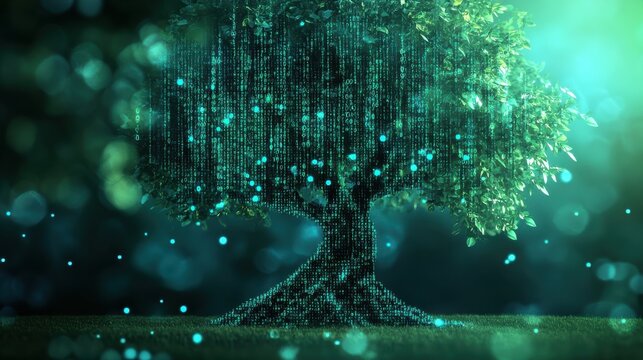 Digital Tree with Binary Code Elements and Glowing Particles Representing Technology and Nature Fusion in Green Hues