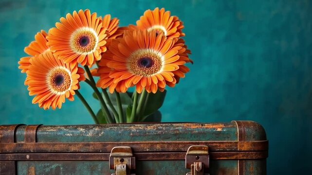 A stunning arrangement of orange gerbera daisies resting on an antique suitcase. Ideal for home decor. Brighten your space with this charming floral display. Generative AI