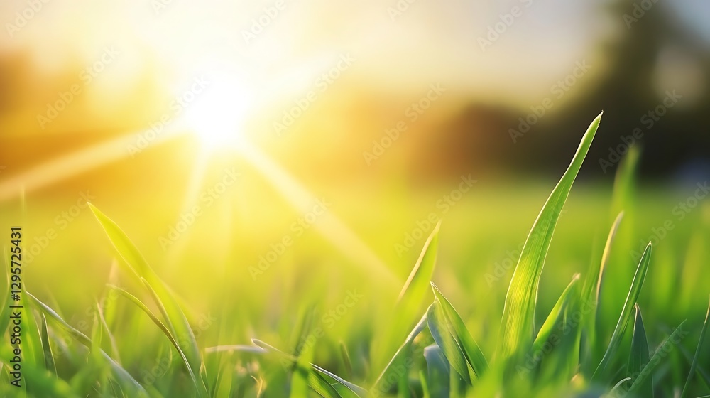 Poster sunlight illuminating fresh green grass in a lush natural setting : generative ai