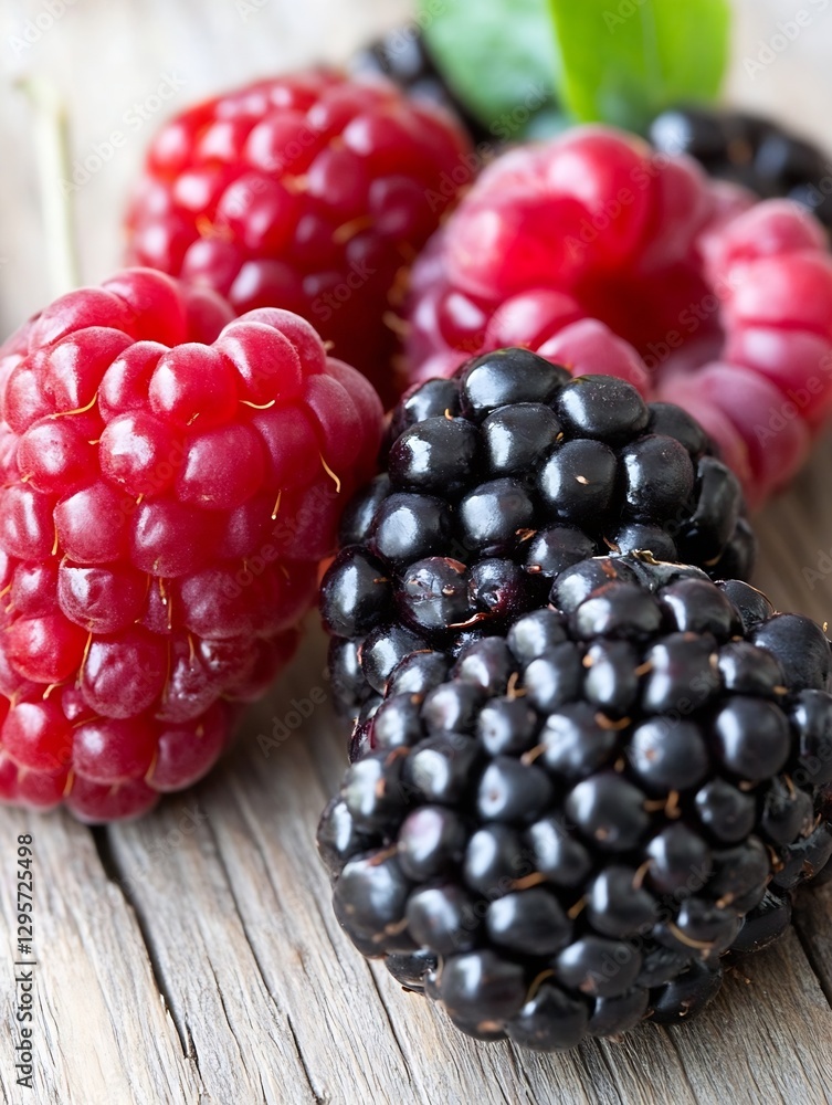 Aufkleber Assorted Raspberries and Blackberries on Rustic Wooden Table with Green Leaves : Generative AI