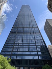 Large building in Chicago downtown view from a street looking up, glass building office, Illinois, America