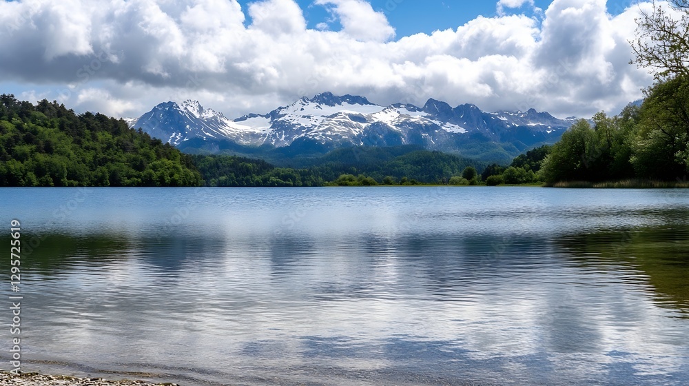 Poster breathtaking scenic view of a lake surrounded by lush mountains and dramatic clouds in the sky : gen