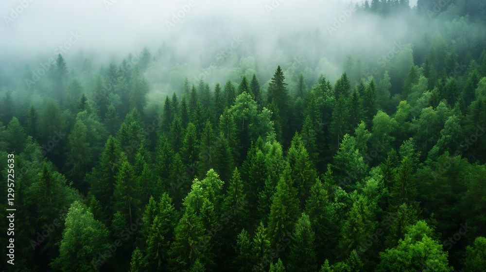 Poster dense lush green forest enveloped in mist showcasing various tall trees and rich foliage : generativ