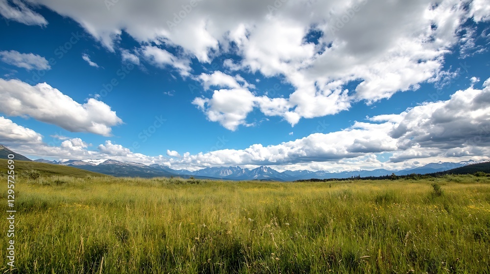 Poster expansive green meadow landscape with fluffy clouds and mountains visible in the distance : generati