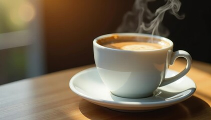 White ceramic cup filled with steaming hot coffee and milk, morning, liquid, cup