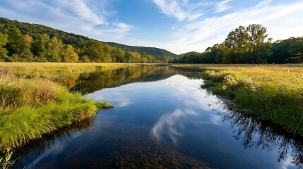Fototapeta premium Serene landscape reflecting a picturesque river surrounded by vibrant autumn trees : Generative AI