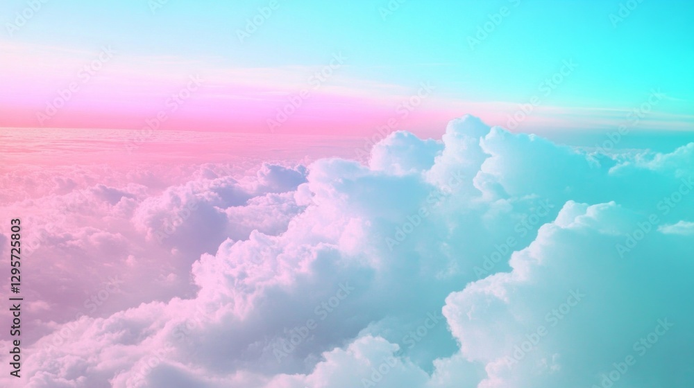 Poster above a sea of fluffy clouds, the sky transforms into a breathtaking canvas of pastel colors, inviti