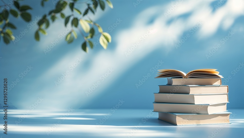 Poster stacked books with an open book on top in a serene blue background with soft shadows and gentle sunl
